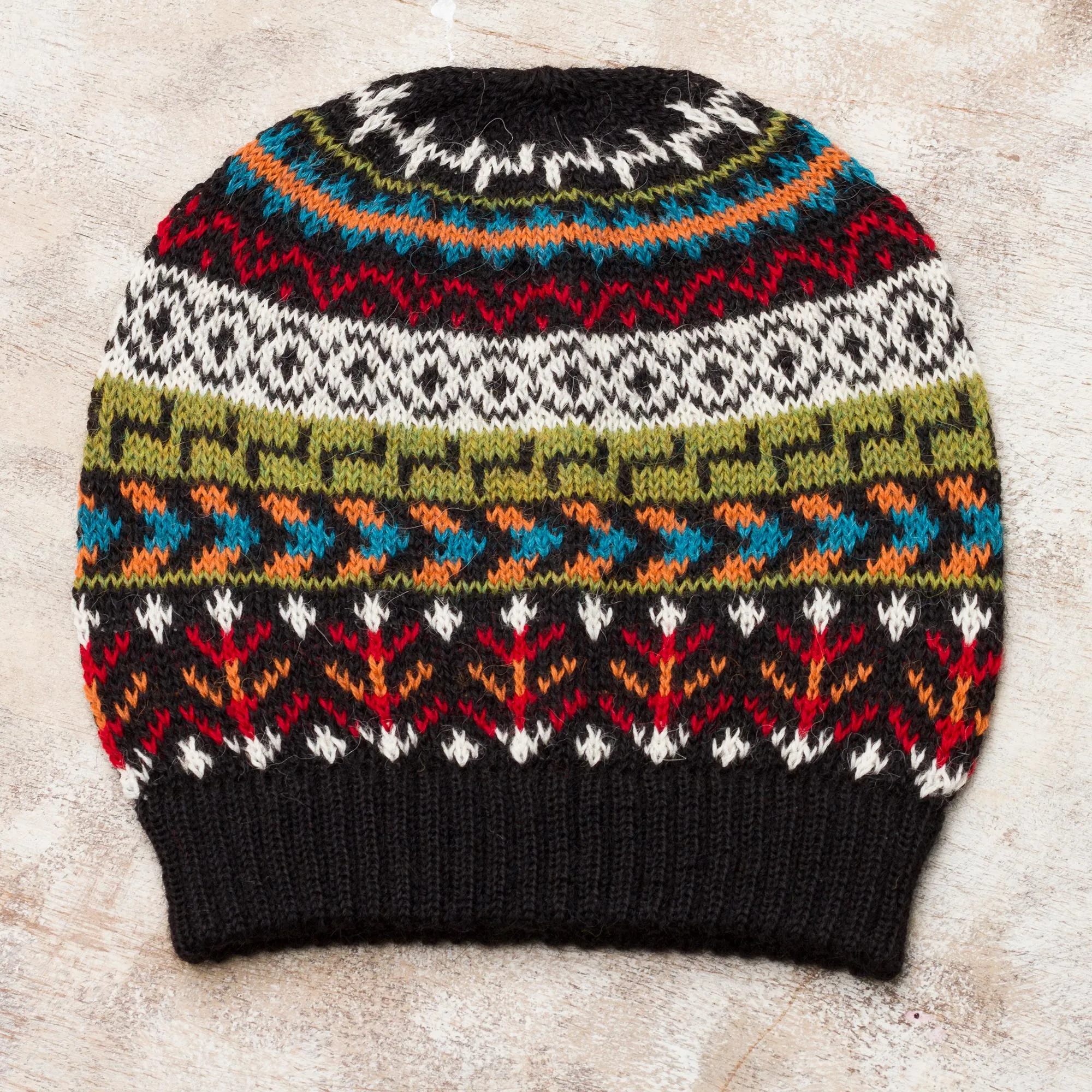 Motif Medley Multi-Color 100% Alpaca Knit Hat with Geometric Motifs