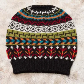 Motif Medley Multi-Color 100% Alpaca Knit Hat with Geometric Motifs