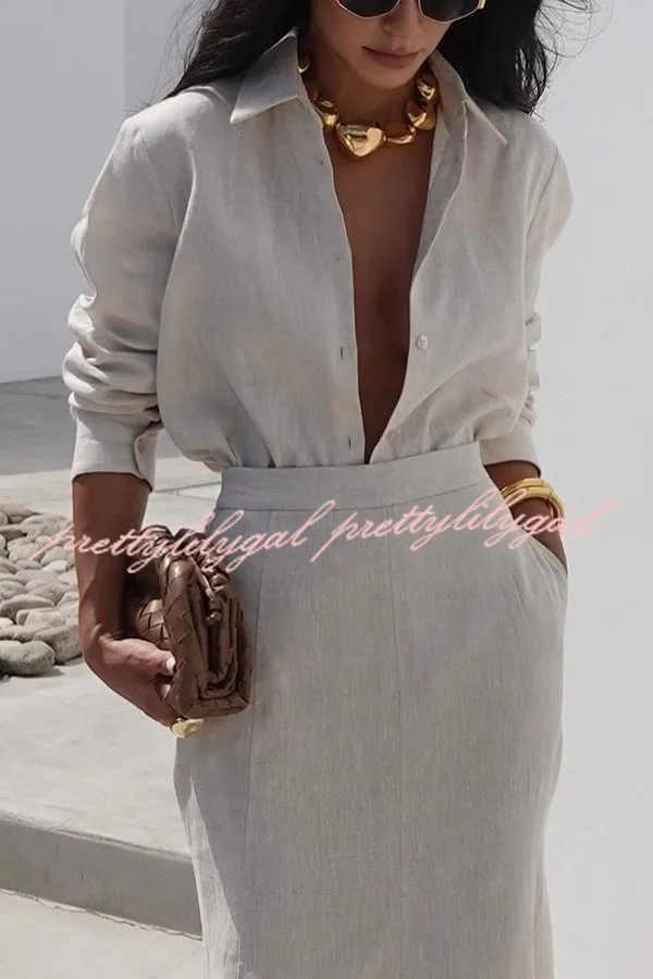 Natural Tone Linen Blend Button Up Blouse and High Rise Pocketed Maxi Skirt Set