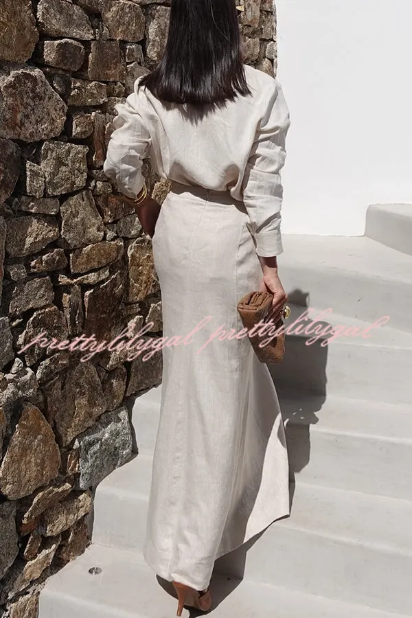 Natural Tone Linen Blend Button Up Blouse and High Rise Pocketed Maxi Skirt Set