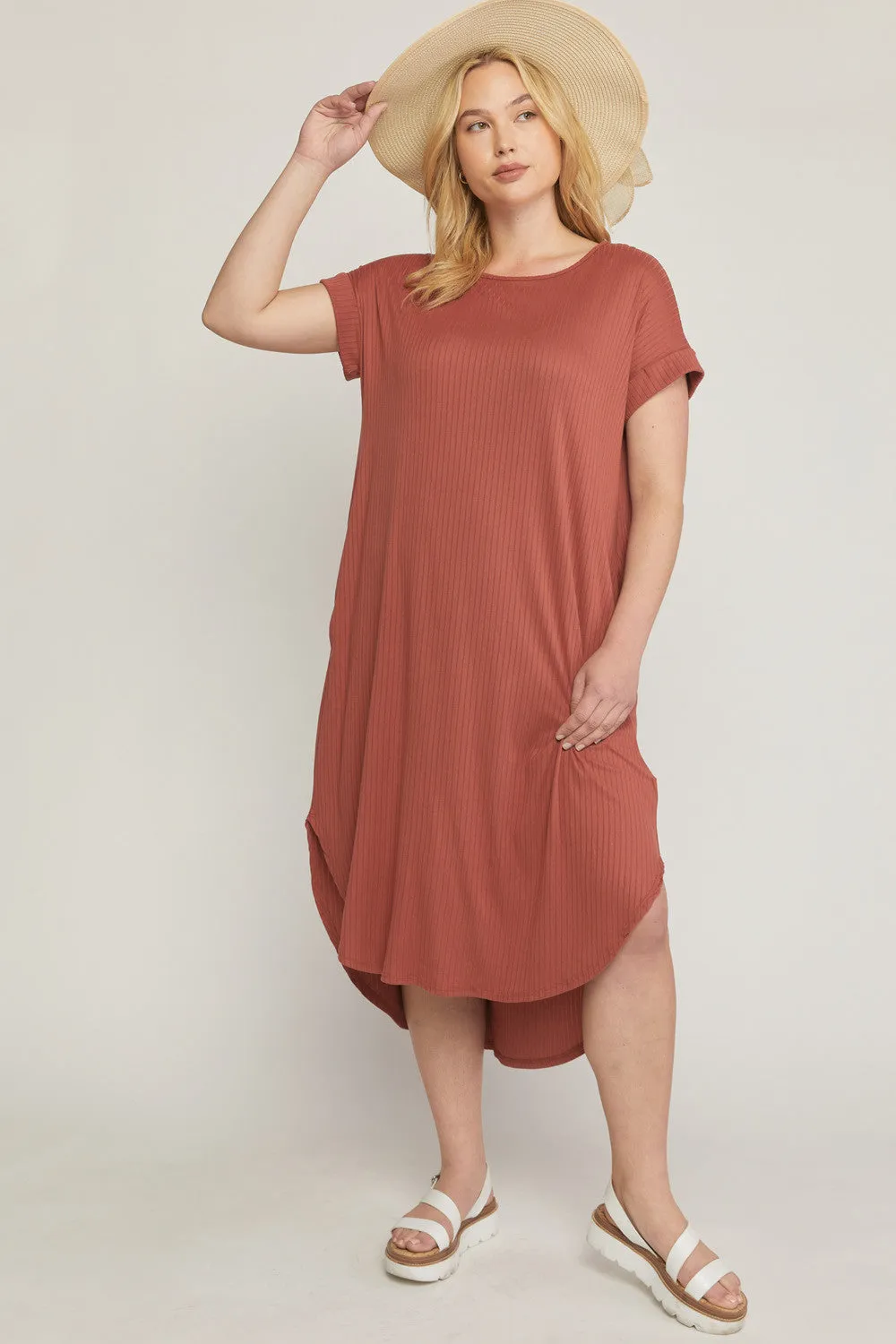 Ribbed Pocket Midi Dress, Terra Cotta
