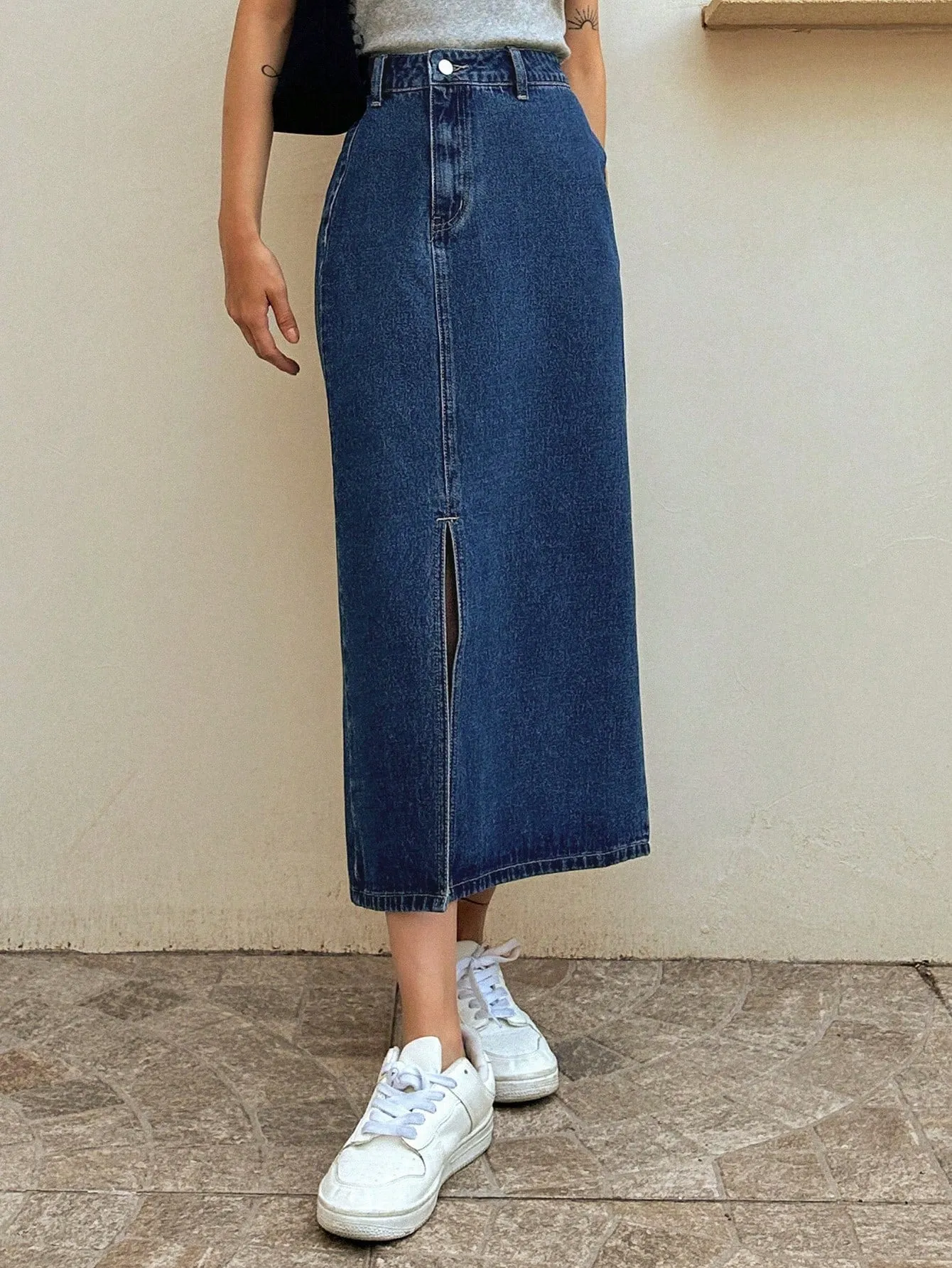 SHEIN DAZY High Waist Split Thigh Denim Skirt