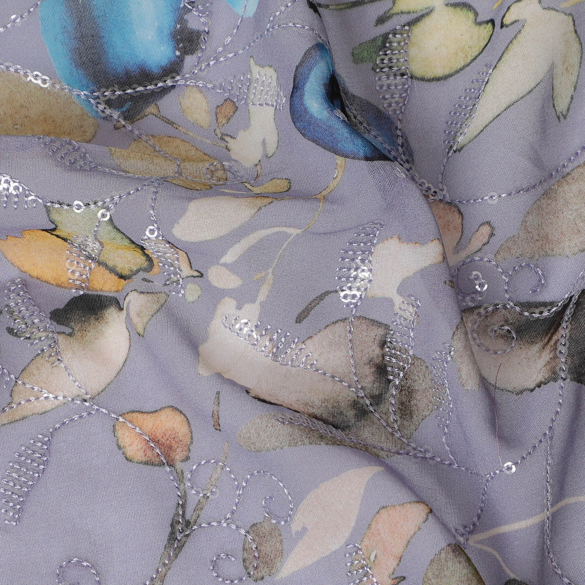 Soft Gray Premium Cotton Voile Fabric with Colorful Botanical and Bird Print - Traditional Thobe Material, 140 cm Wide-D20220