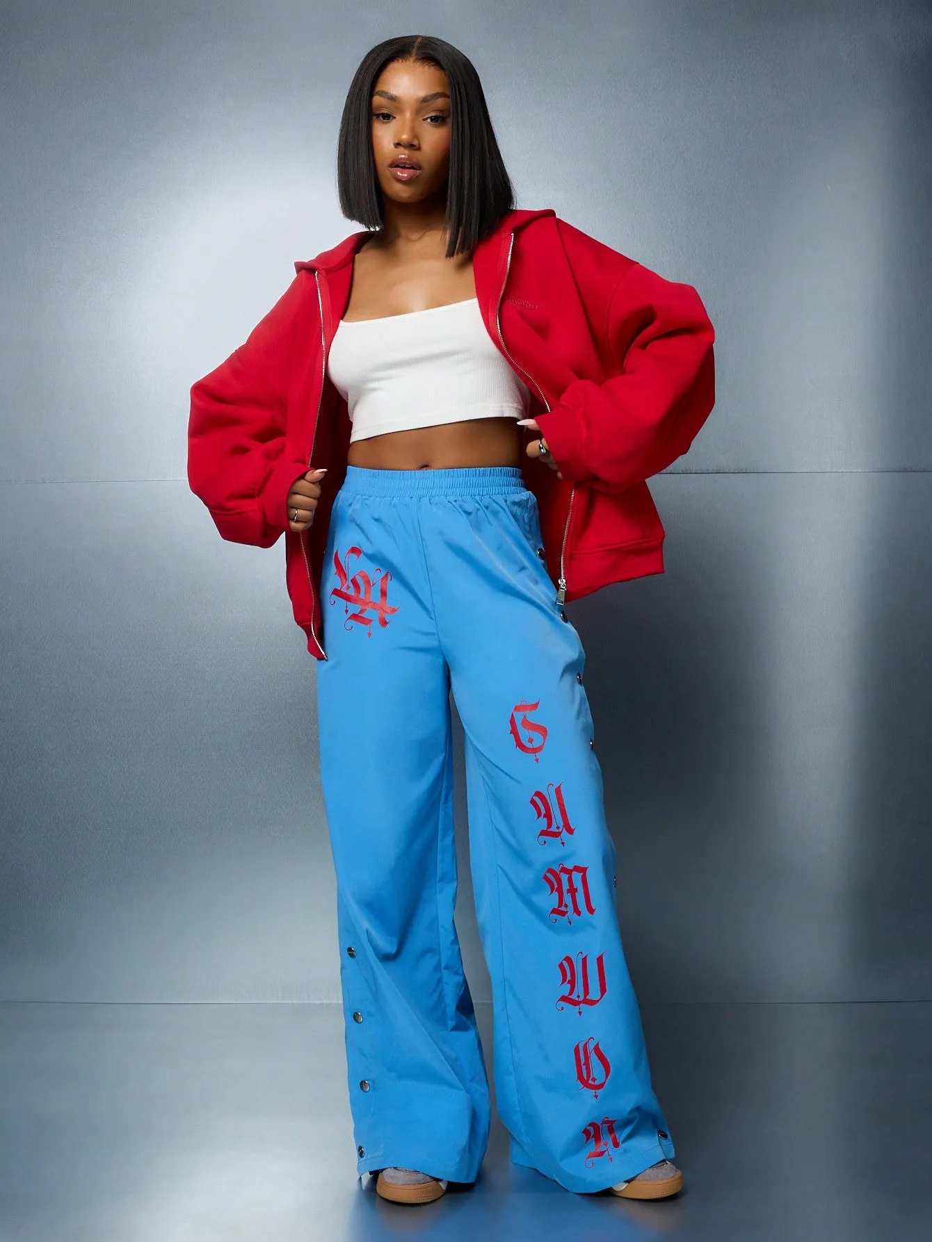 SUMWON WOMEN Pull On Wide Leg Side Popper Graphic Joggers
