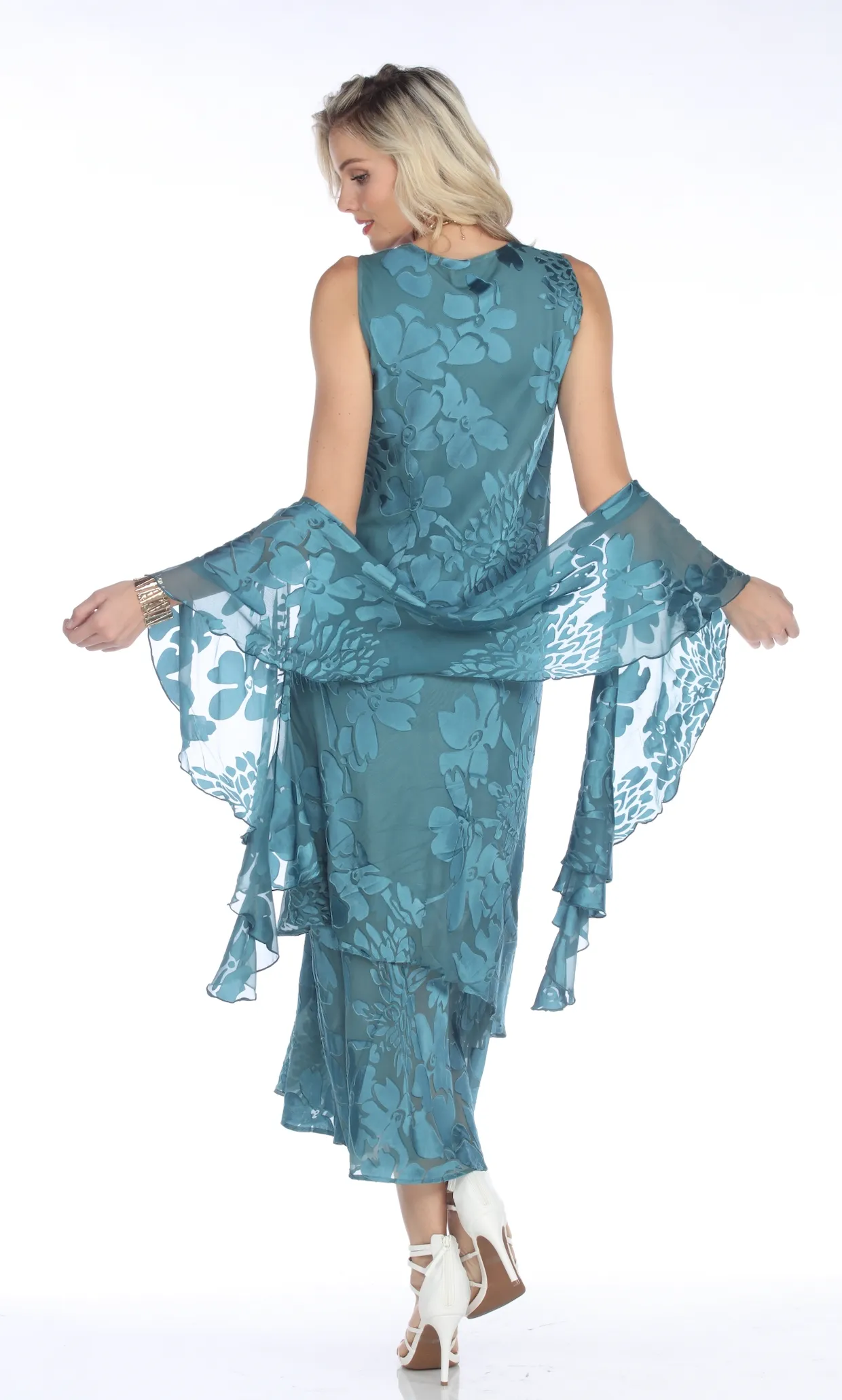 Teal Silk Burnout Dress & Jacket Set