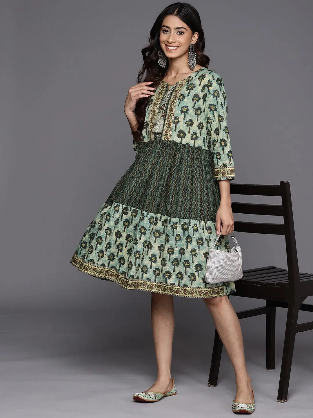 Varanga Green Floral Print Cotton Round Neck A-Line Dress