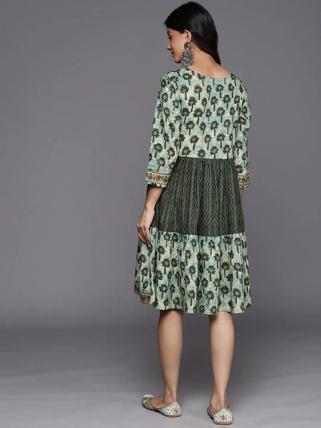 Varanga Green Floral Print Cotton Round Neck A-Line Dress