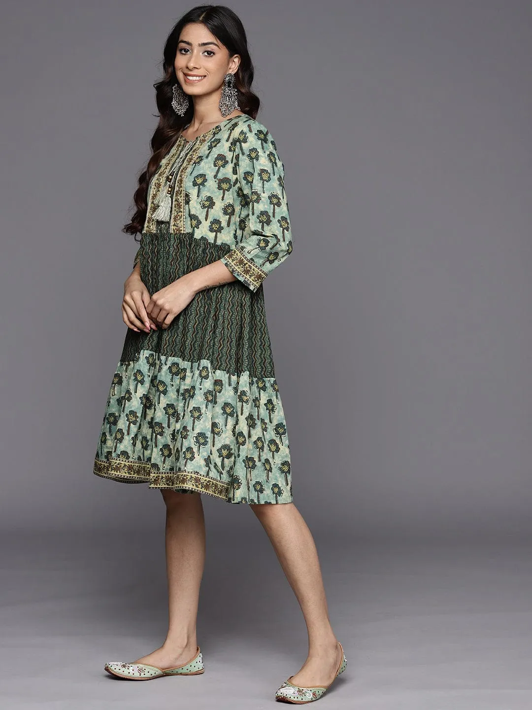 Varanga Green Floral Print Cotton Round Neck A-Line Dress