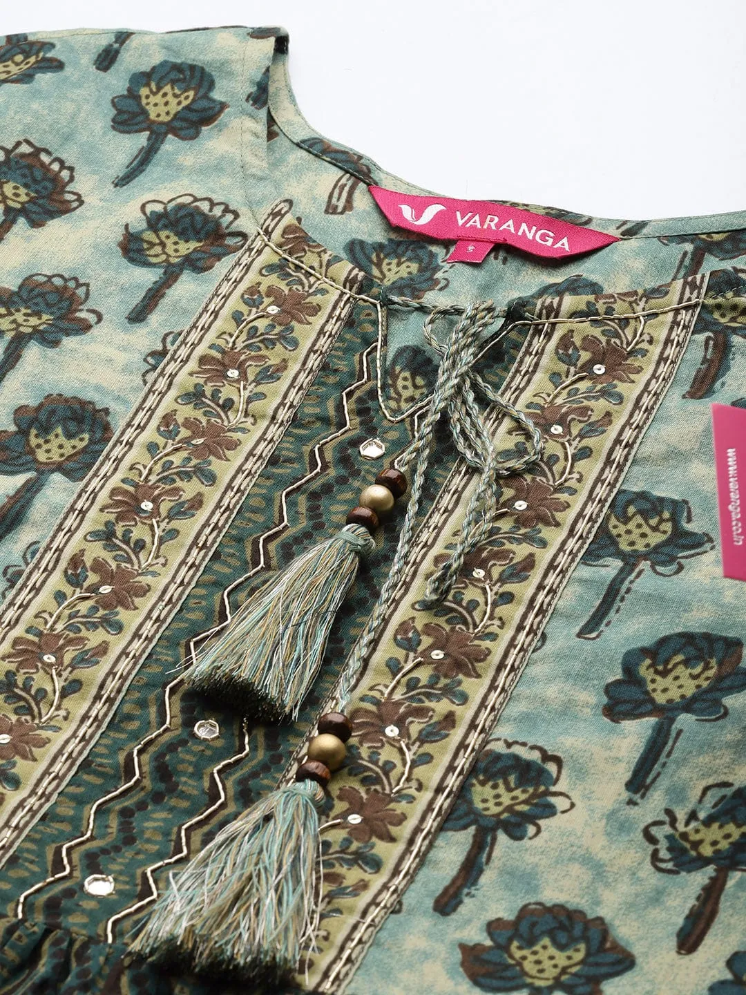 Varanga Green Floral Print Cotton Round Neck A-Line Dress