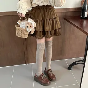 Vevesc Kawaii Japanese Style Mini Skirt Ruffle Vintage Harajuku Corduroy Skirts Cutecore Layered Autumn Winter Short Skirts