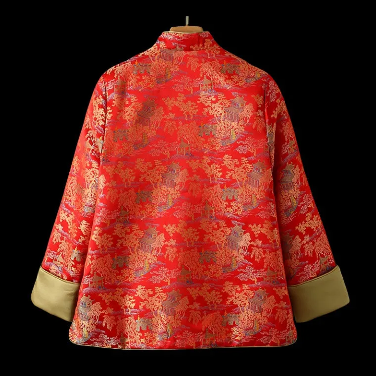 Vintage Mandarin Collar Straight-Cut Tang Jacket - Quilted Winter Coat with Trim