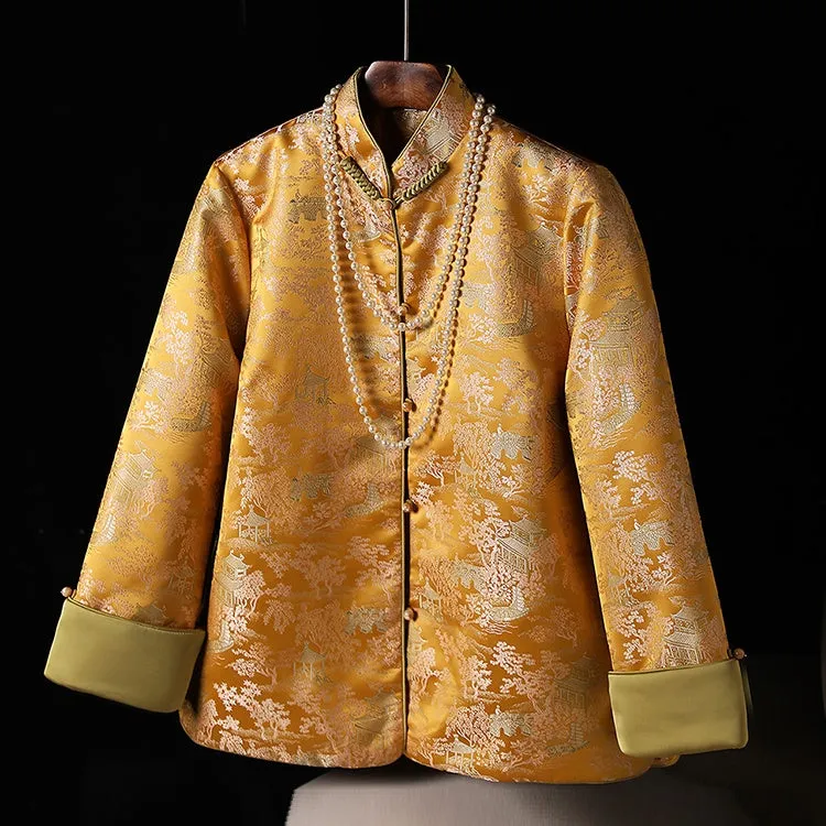 Vintage Mandarin Collar Straight-Cut Tang Jacket - Quilted Winter Coat with Trim