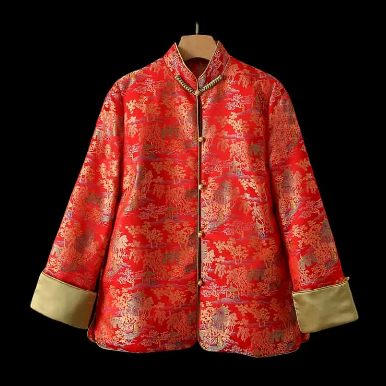 Vintage Mandarin Collar Straight-Cut Tang Jacket - Quilted Winter Coat with Trim