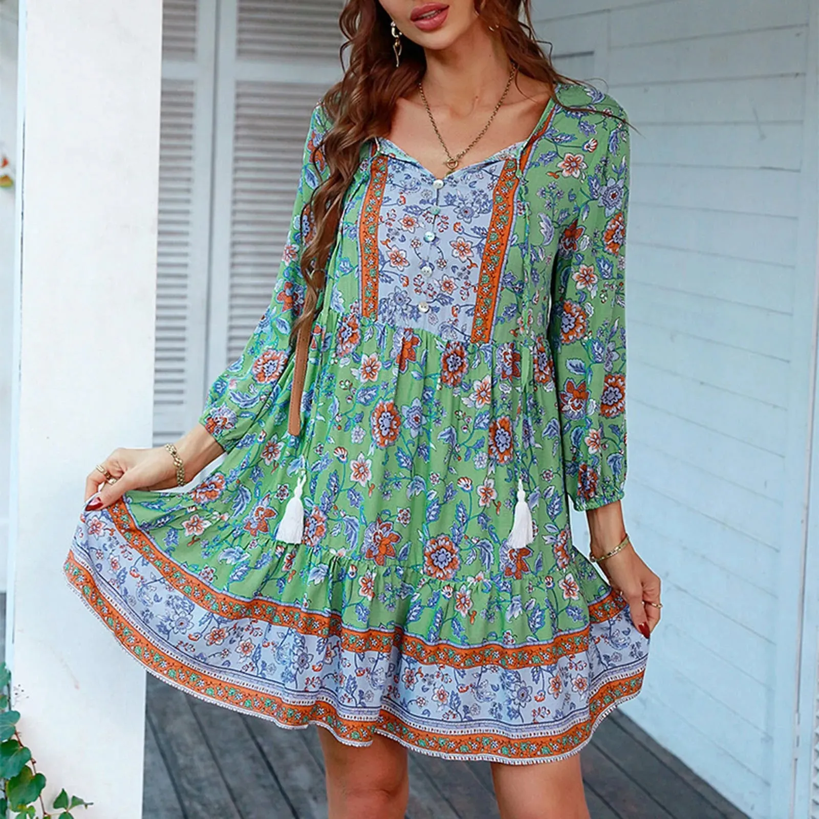 Vintage Sundress with Floral Print and Tassel Detail - Bohemian Holiday Dress for Women