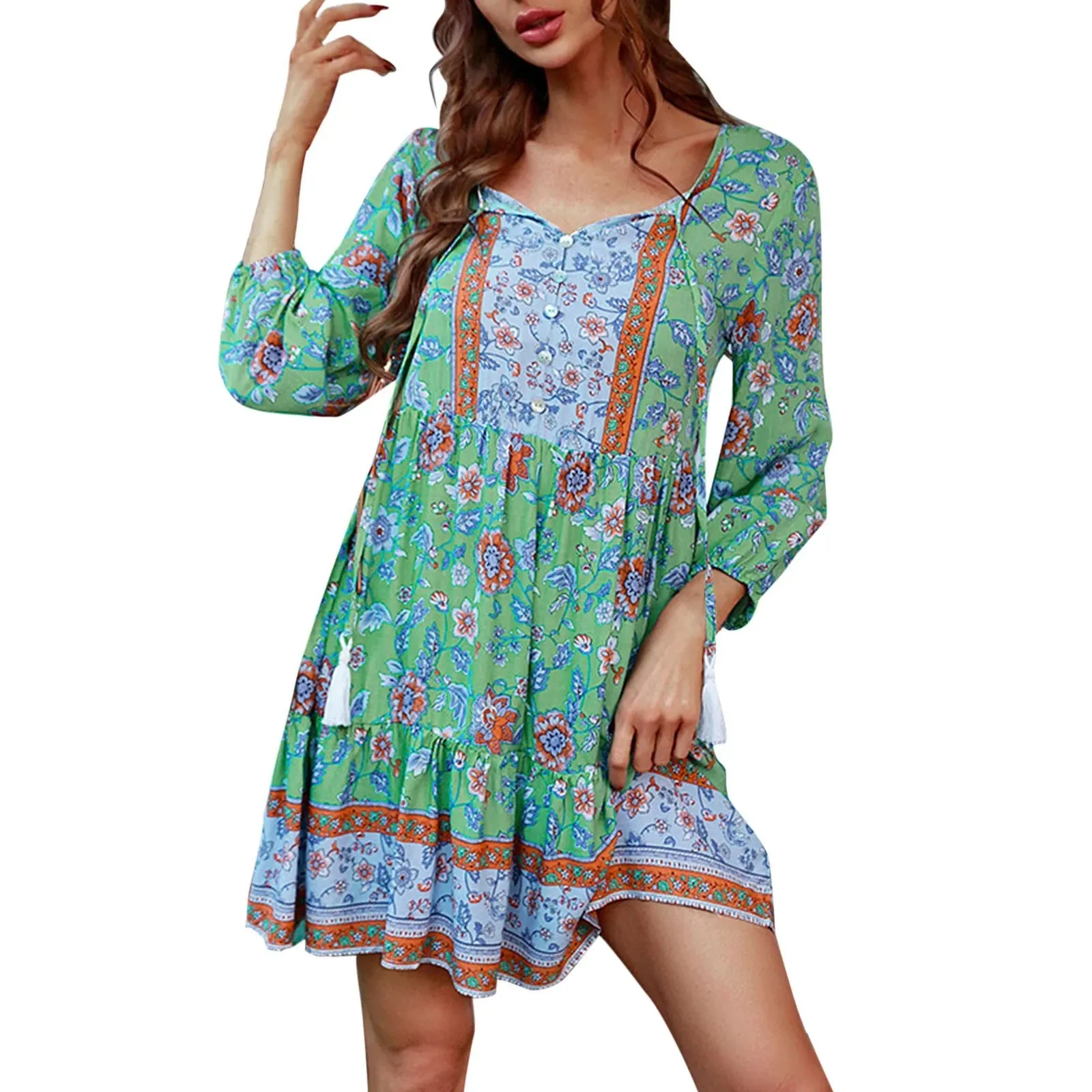 Vintage Sundress with Floral Print and Tassel Detail - Bohemian Holiday Dress for Women