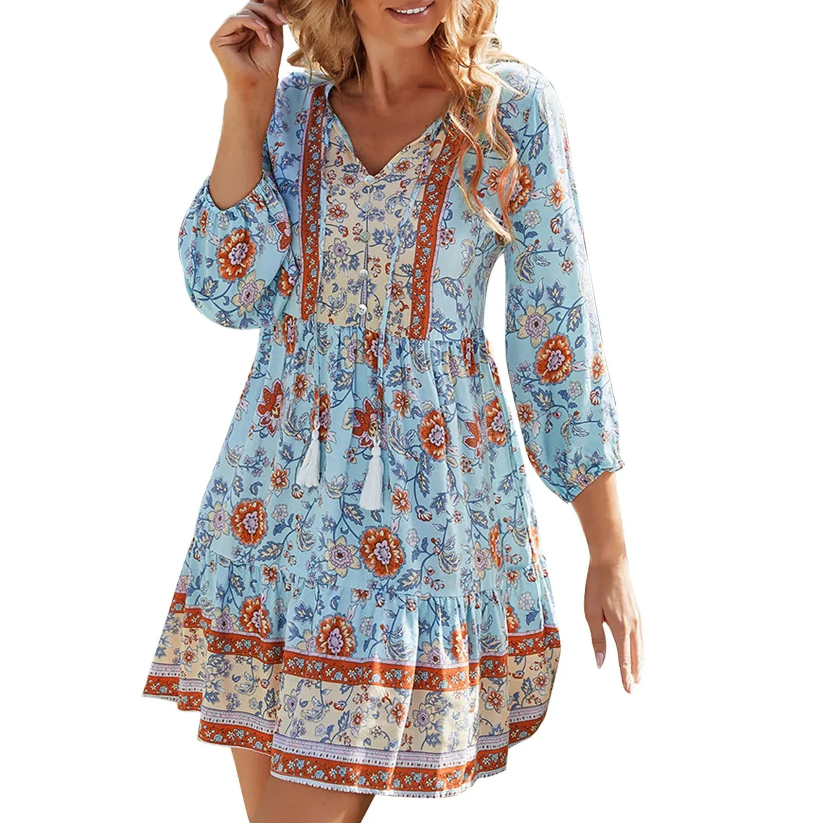 Vintage Sundress with Floral Print and Tassel Detail - Bohemian Holiday Dress for Women