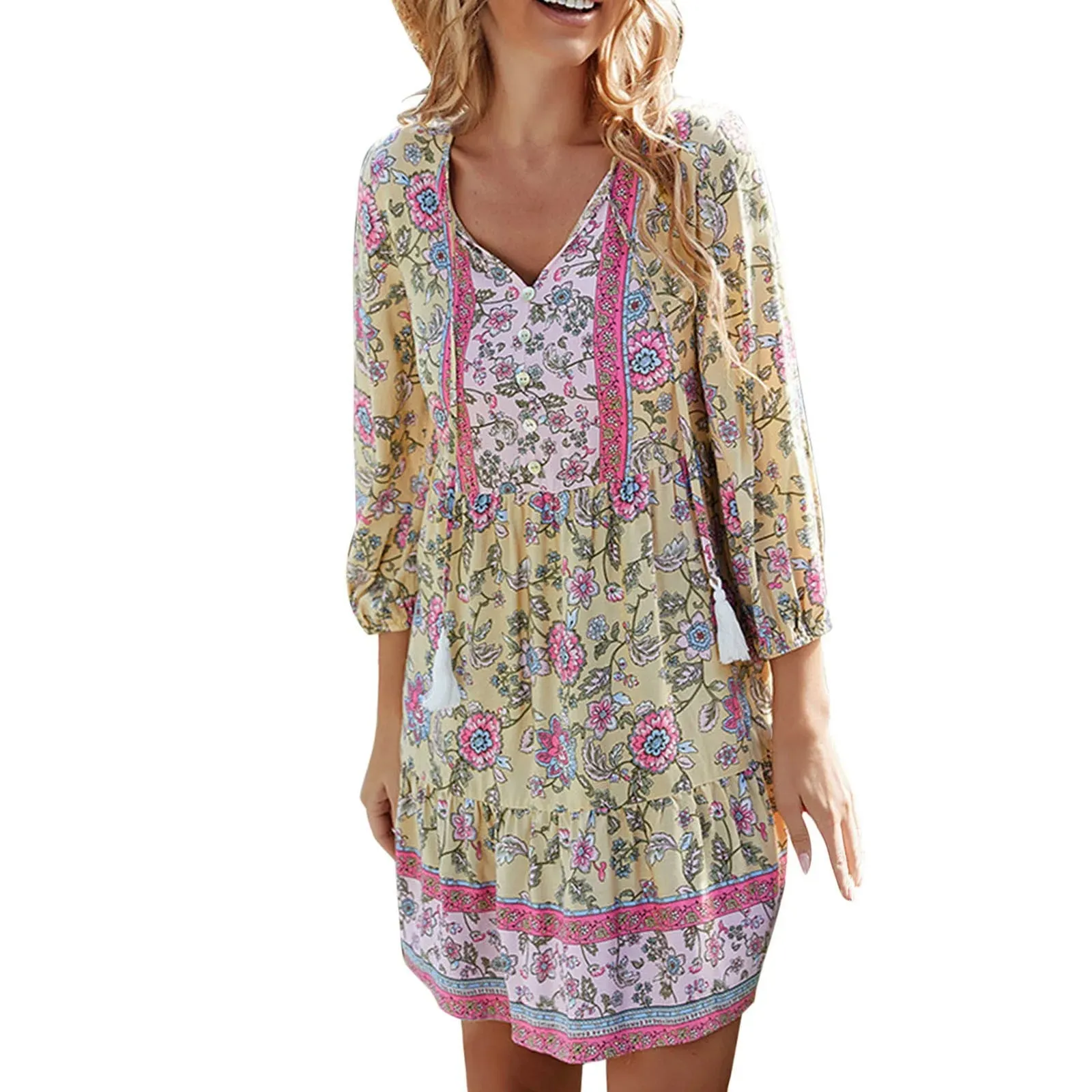 Vintage Sundress with Floral Print and Tassel Detail - Bohemian Holiday Dress for Women