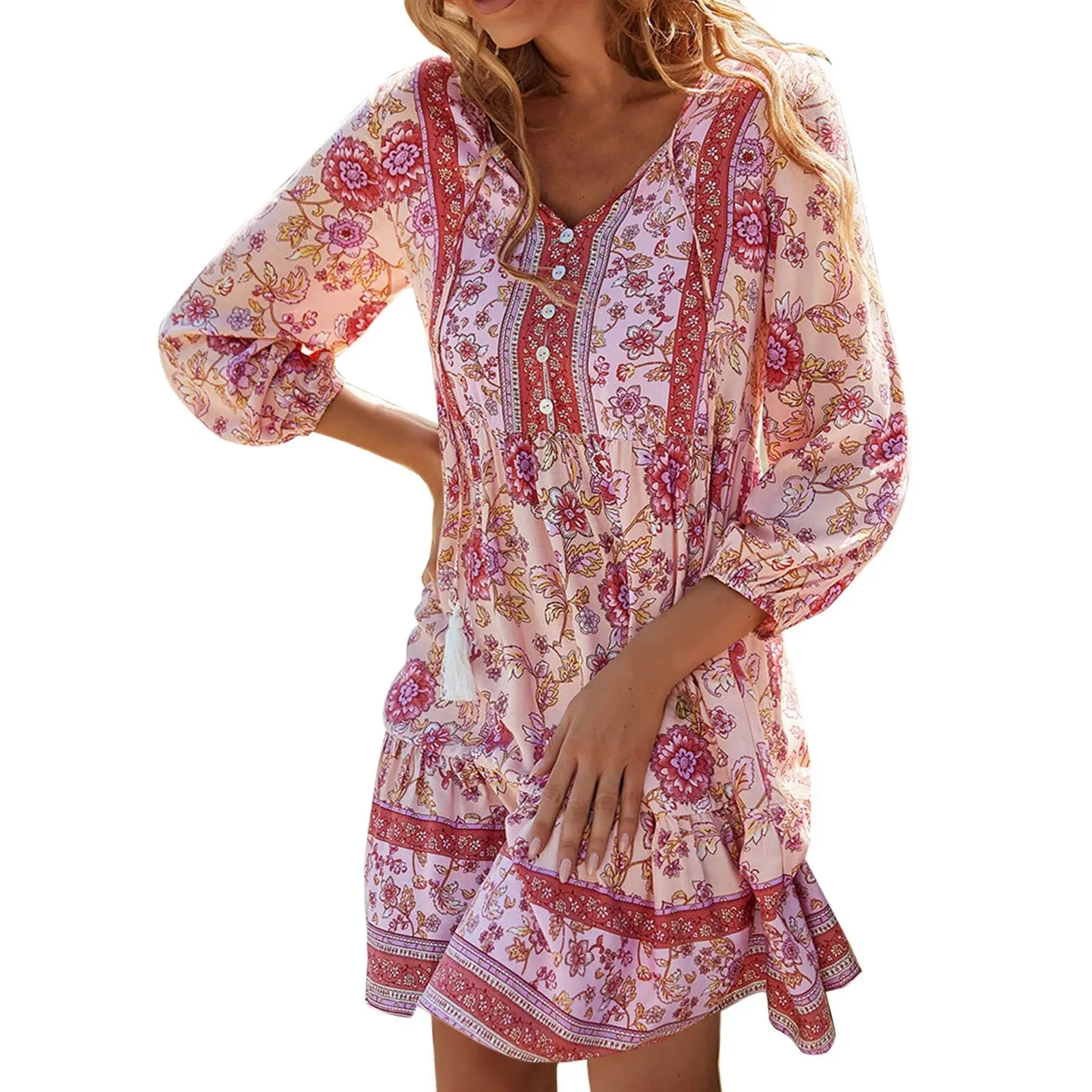 Vintage Sundress with Floral Print and Tassel Detail - Bohemian Holiday Dress for Women