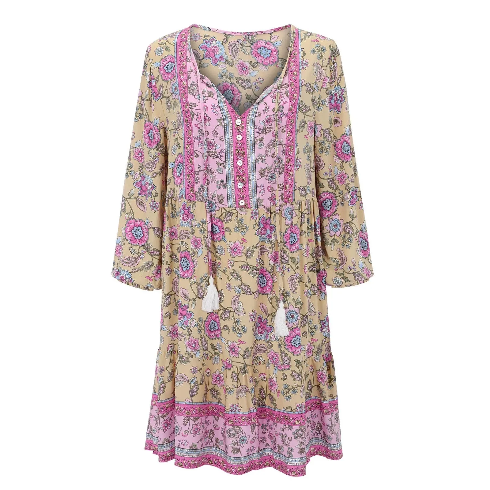 Vintage Sundress with Floral Print and Tassel Detail - Bohemian Holiday Dress for Women