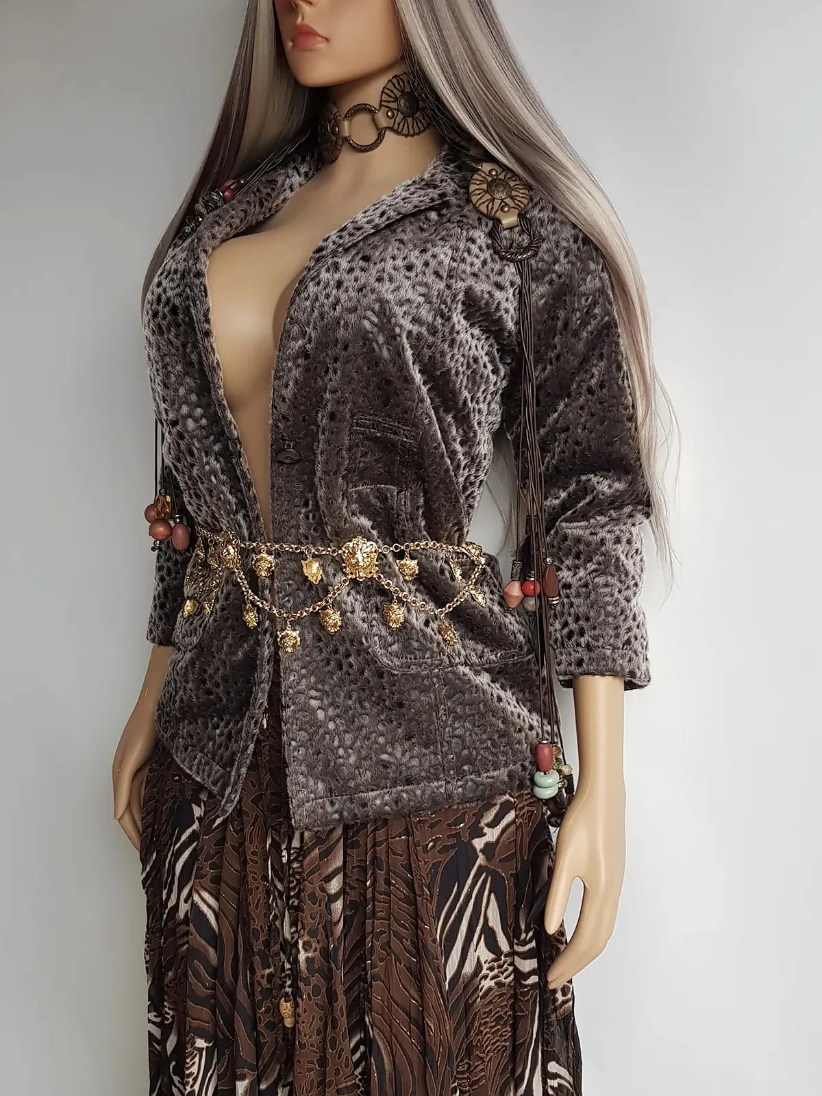 Vintage Vegan Fur Rockstar Bohemian Jacket with Cheetah Print - Gunmetal Grey - Furry Lining & Button Closure