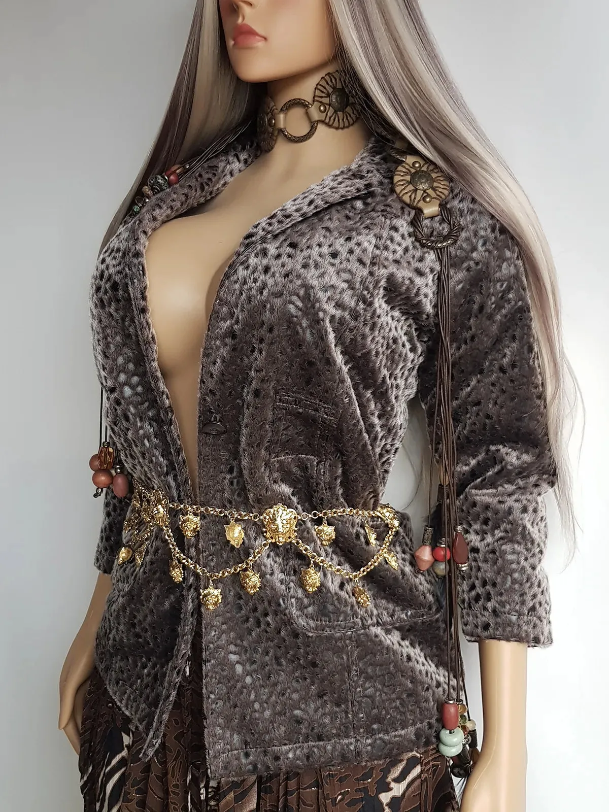 Vintage Vegan Fur Rockstar Bohemian Jacket with Cheetah Print - Gunmetal Grey - Furry Lining & Button Closure
