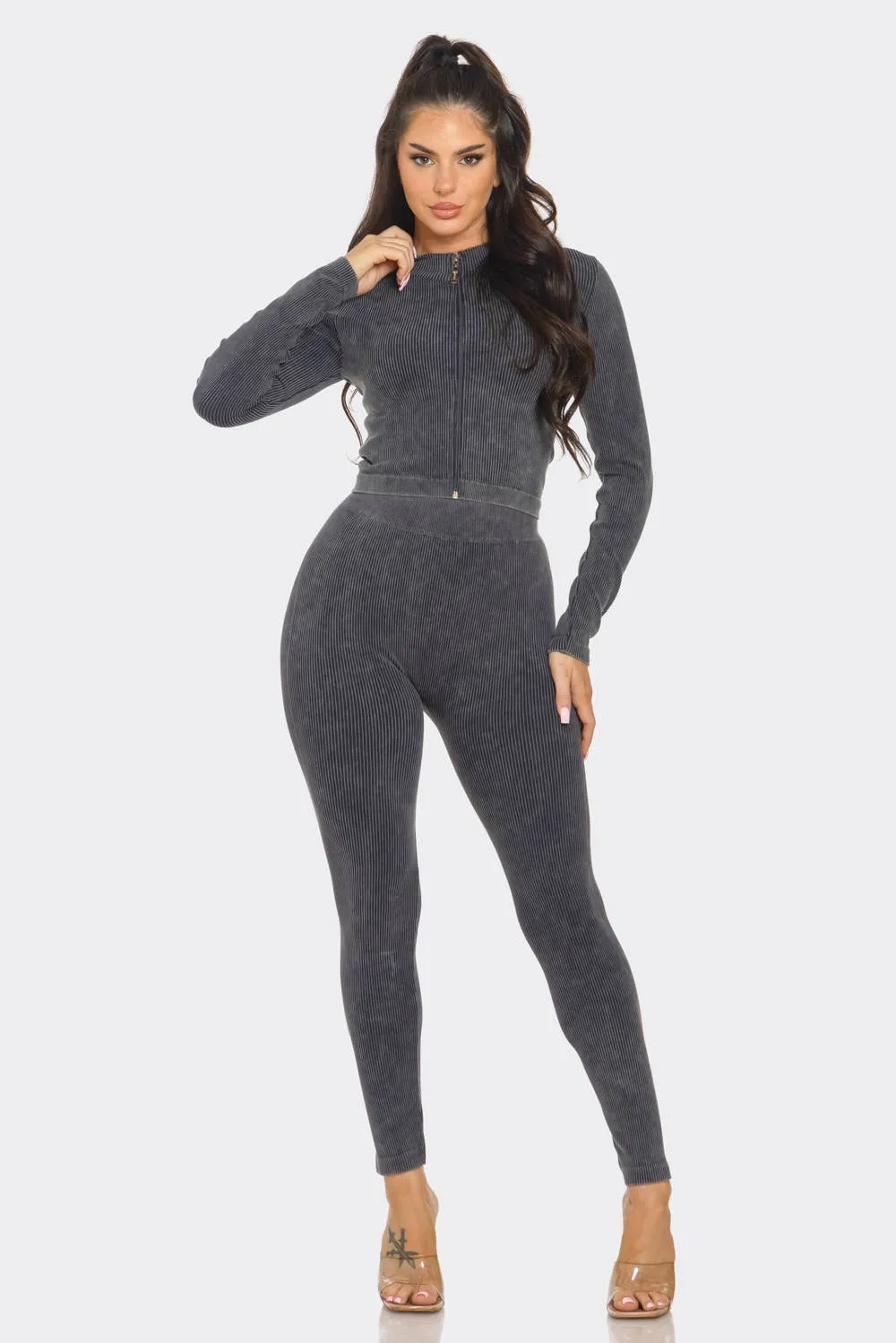 Washed Seamless Rib Zip Up Jacket And Leggings Set