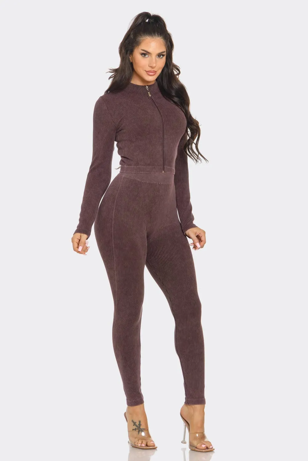 Washed Seamless Rib Zip Up Jacket And Leggings Set