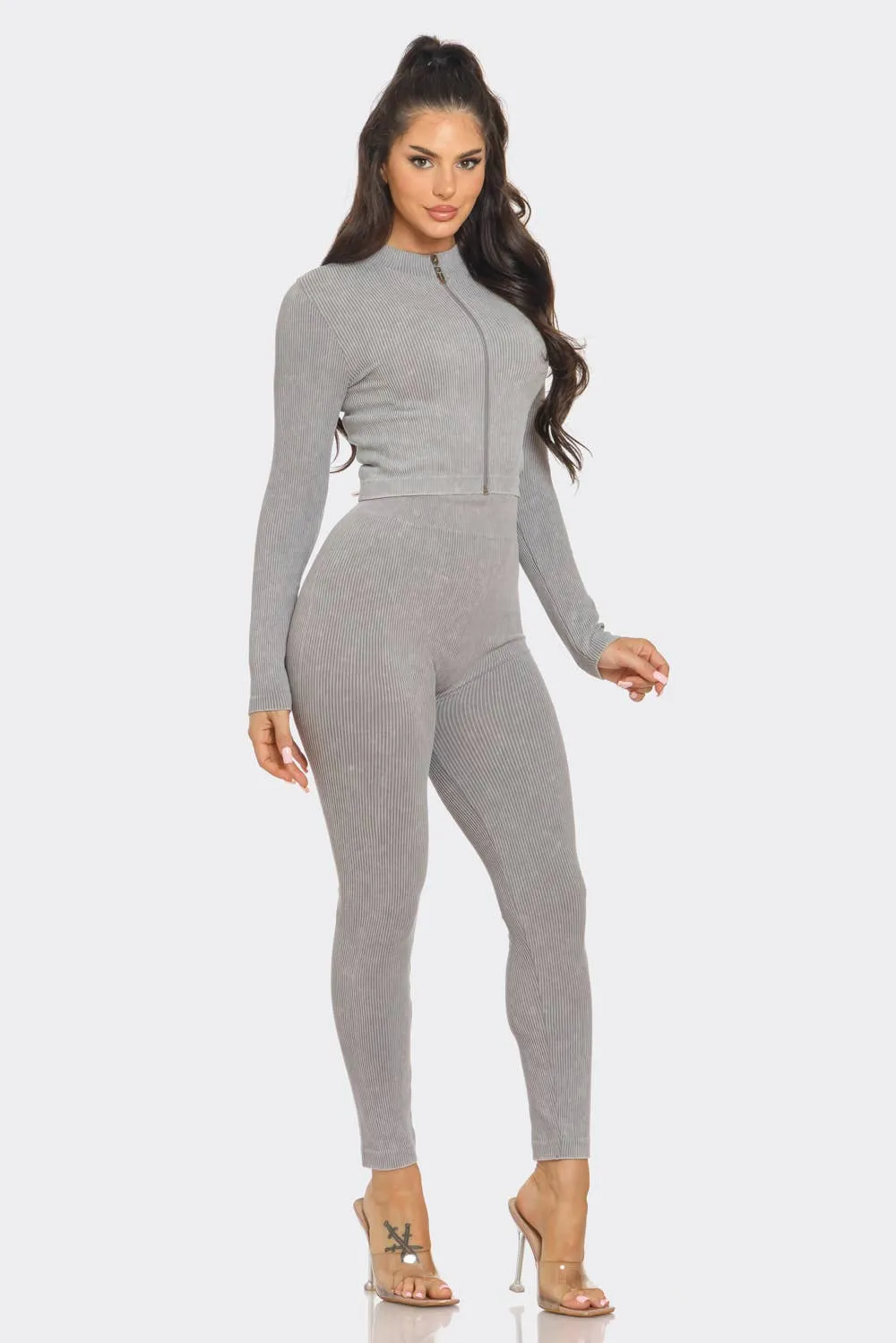 Washed Seamless Rib Zip Up Jacket And Leggings Set