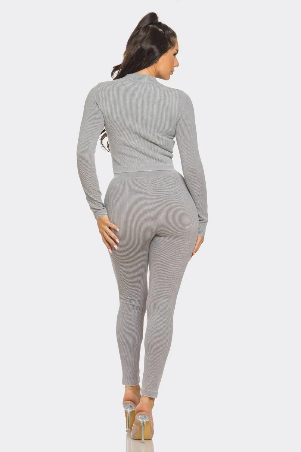 Washed Seamless Rib Zip Up Jacket And Leggings Set