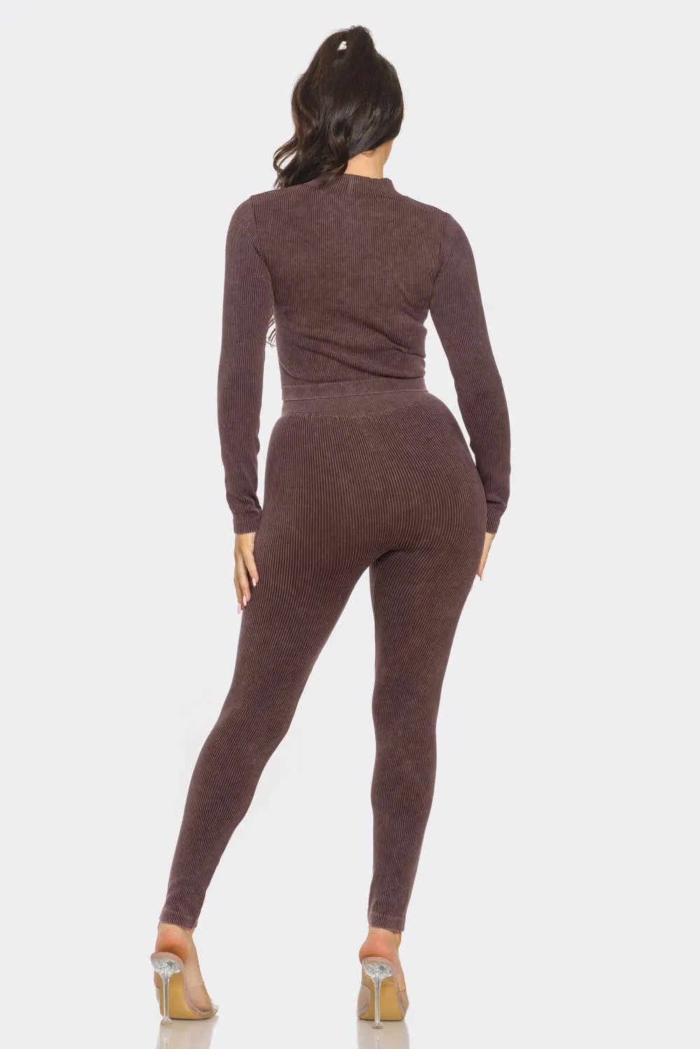 Washed Seamless Rib Zip Up Jacket And Leggings Set
