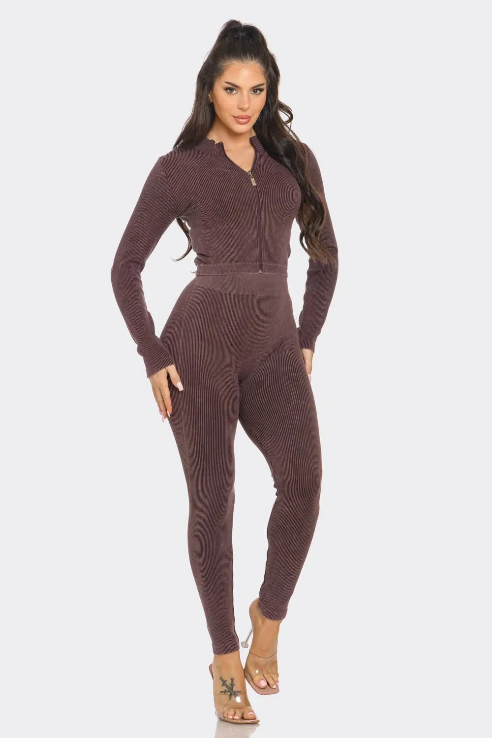 Washed Seamless Rib Zip Up Jacket And Leggings Set