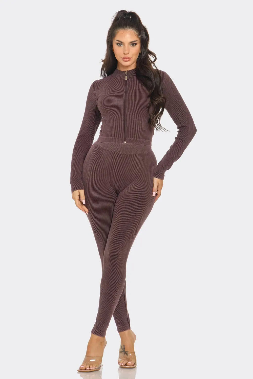 Washed Seamless Rib Zip Up Jacket And Leggings Set