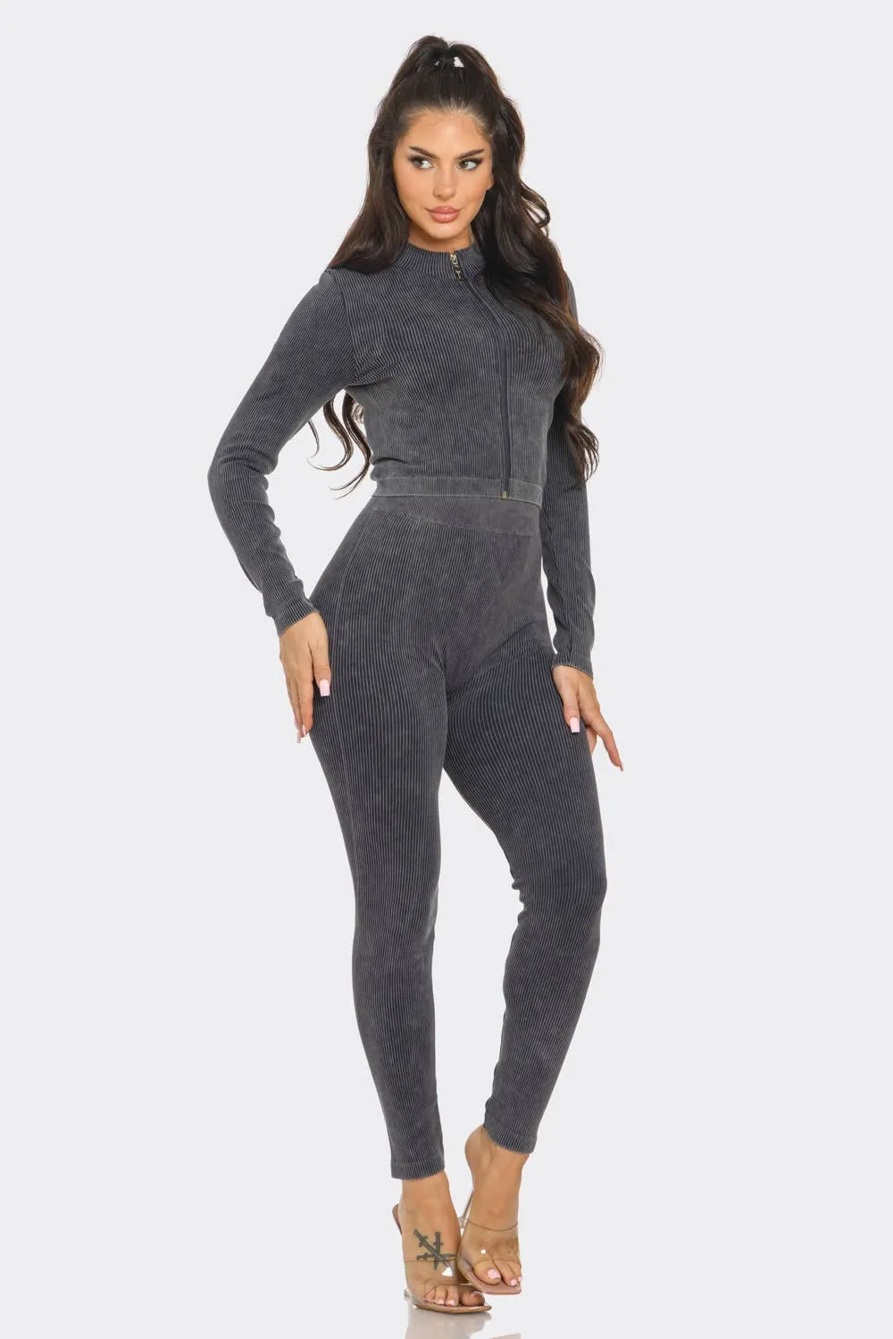 Washed Seamless Rib Zip Up Jacket And Leggings Set