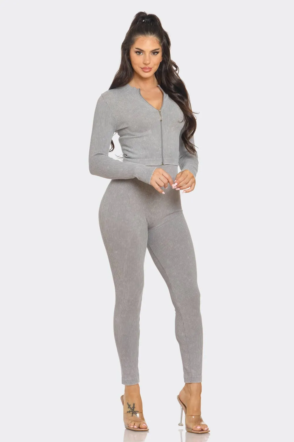 Washed Seamless Rib Zip Up Jacket And Leggings Set