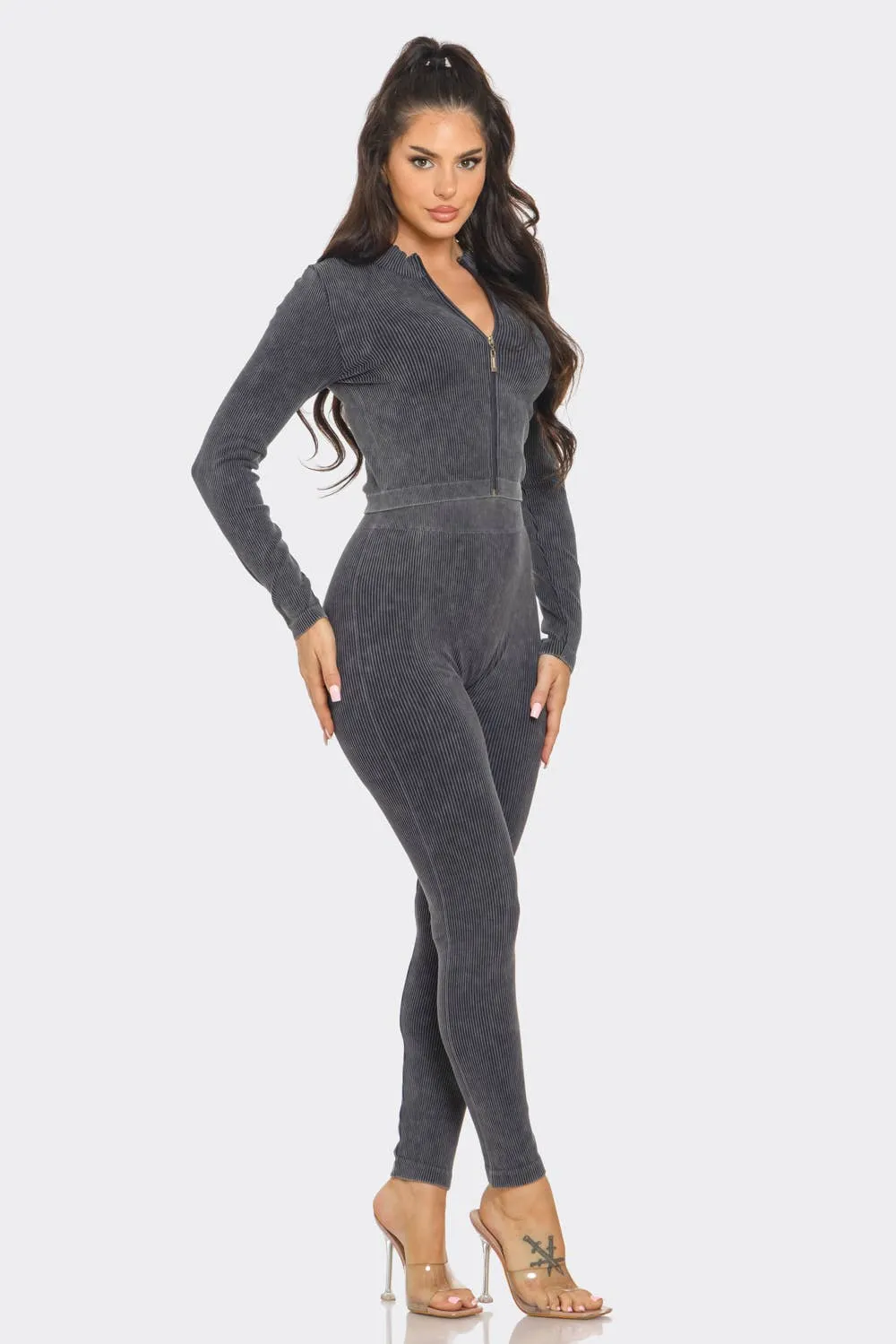 Washed Seamless Rib Zip Up Jacket And Leggings Set