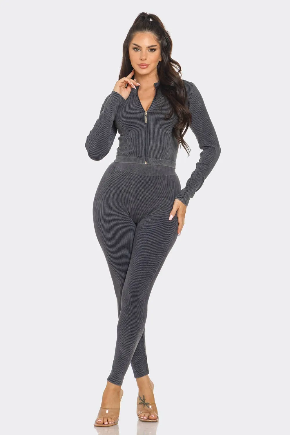 Washed Seamless Rib Zip Up Jacket And Leggings Set