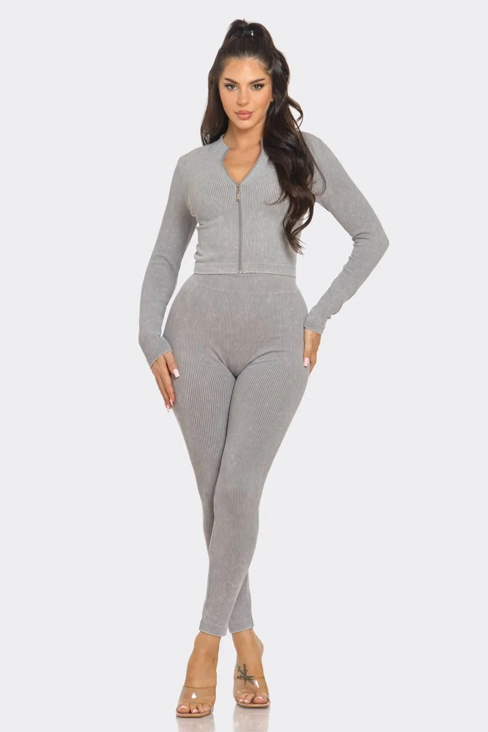 Washed Seamless Rib Zip Up Jacket And Leggings Set