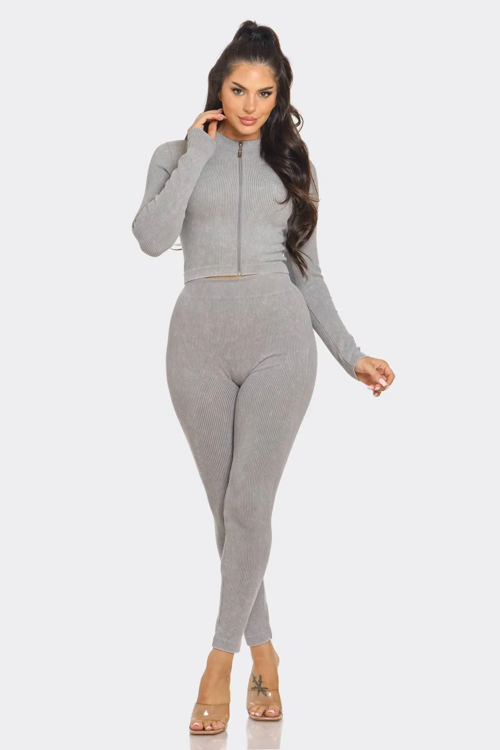Washed Seamless Rib Zip Up Jacket And Leggings Set