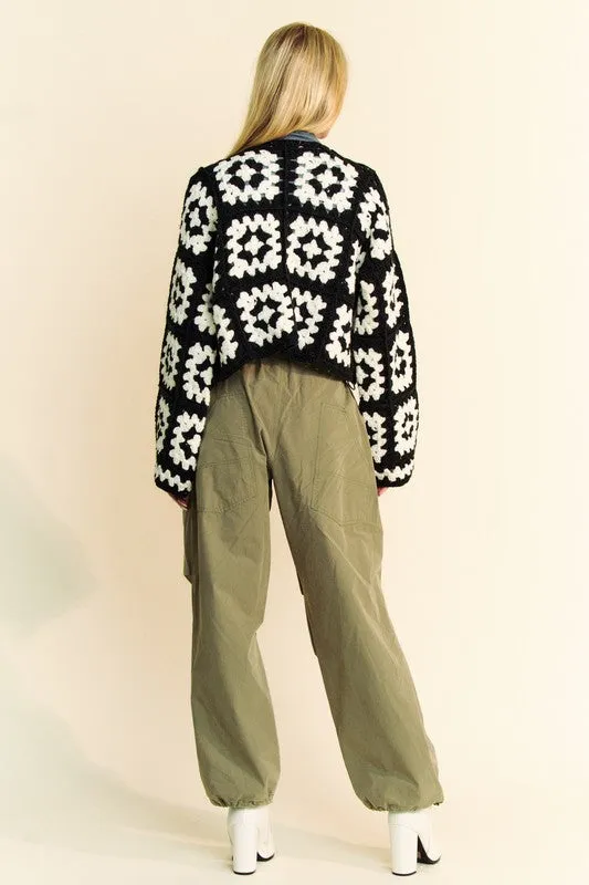 Wjczt Full Size Two Tone Flower Square Crochet Open Front Cardigan