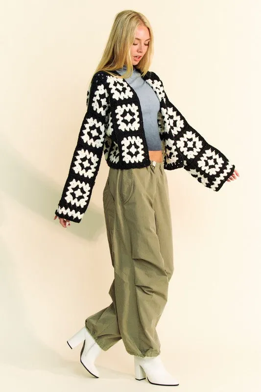 Wjczt Full Size Two Tone Flower Square Crochet Open Front Cardigan