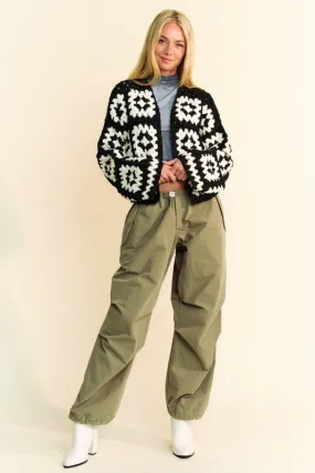 Wjczt Full Size Two Tone Flower Square Crochet Open Front Cardigan