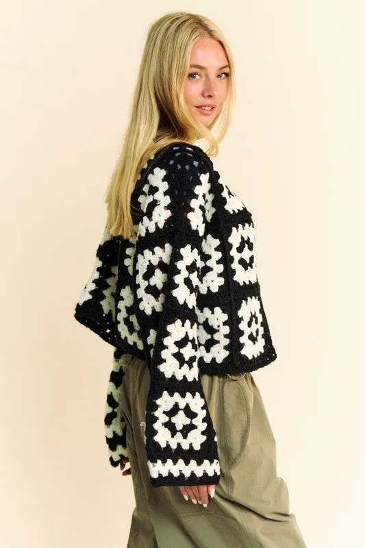 Wjczt Full Size Two Tone Flower Square Crochet Open Front Cardigan