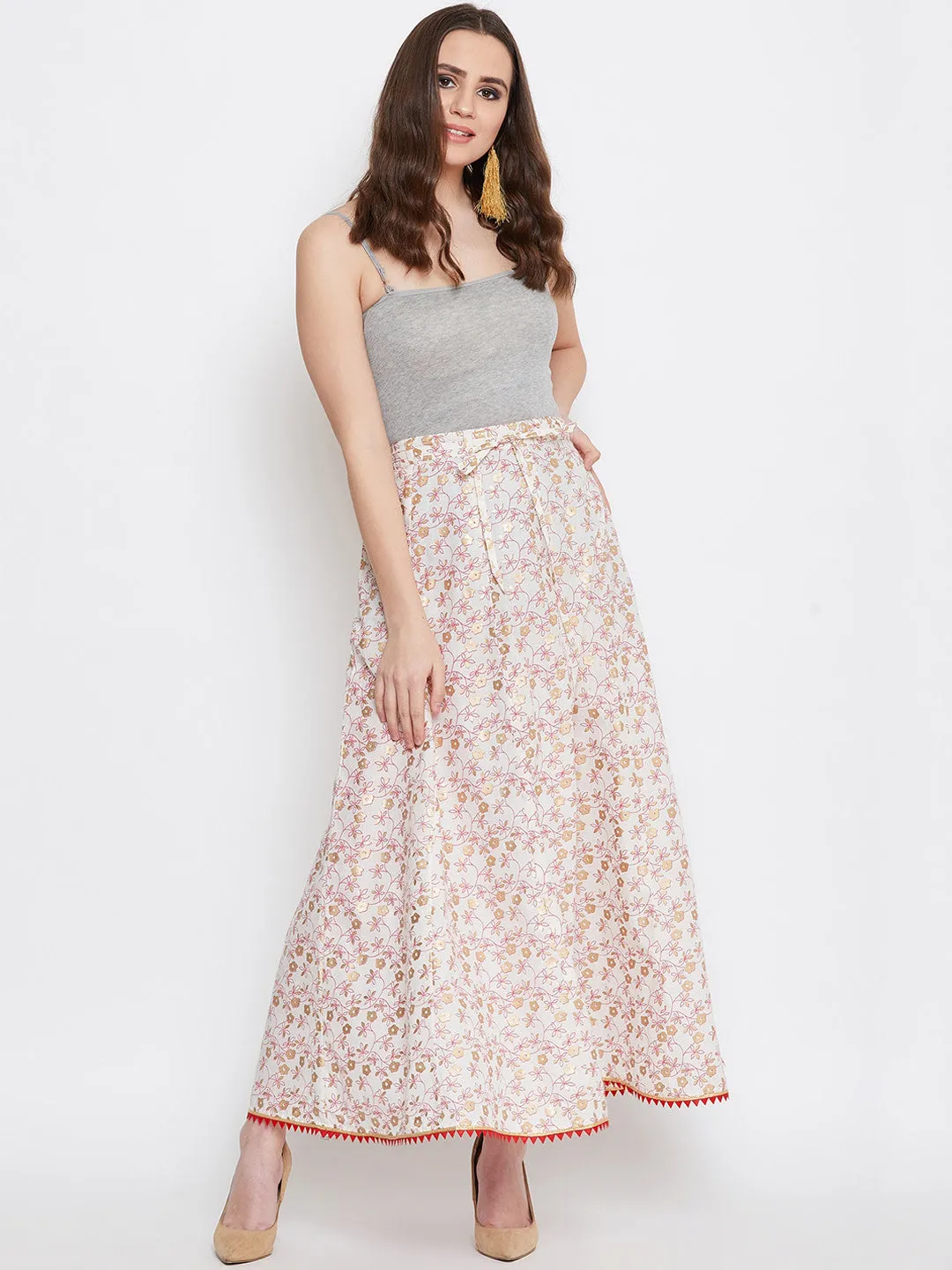 Women Off-White Pink And Gold-Toned Printed Flared Maxi Skirt